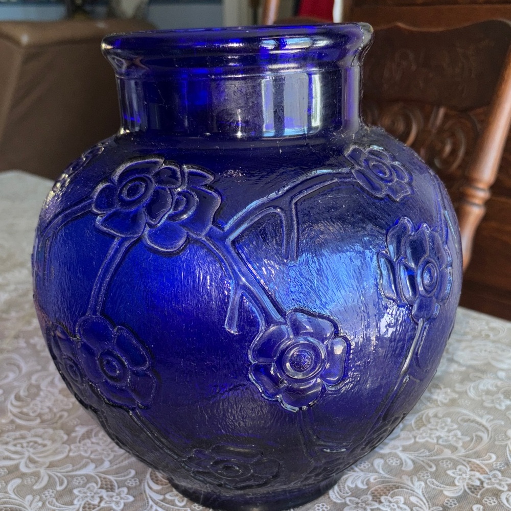 Cobalt heavy blue glass vase, size in photos, floral/linear design $75